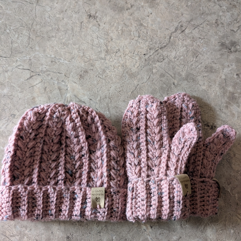 Cozy Pink Crocheted Hat and Mittens Set